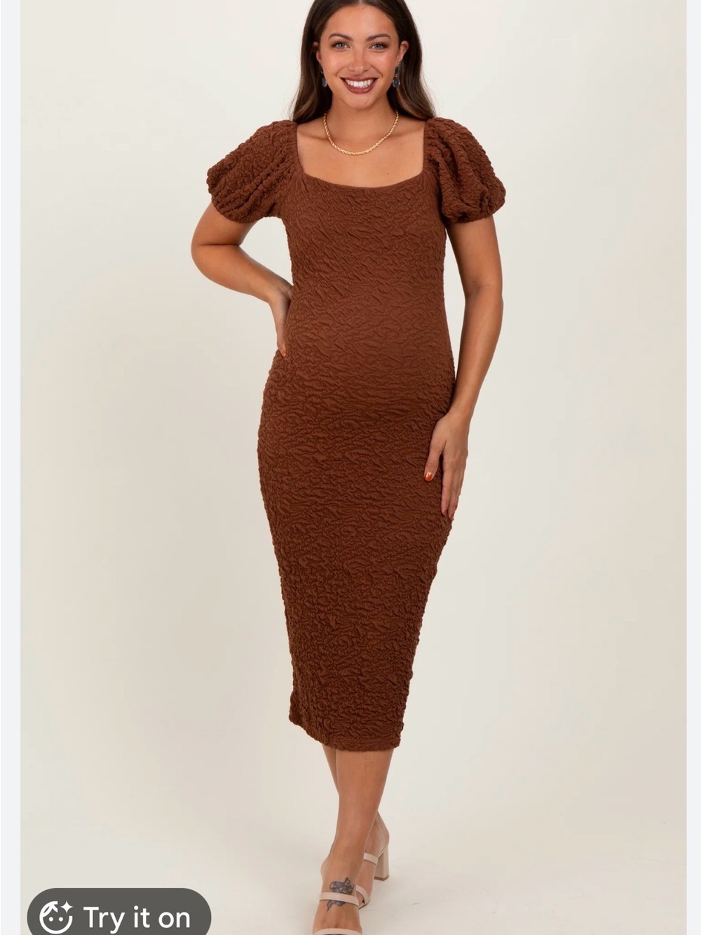 Pinkblush Brown Textured Puff-Sleeve Midi Dress